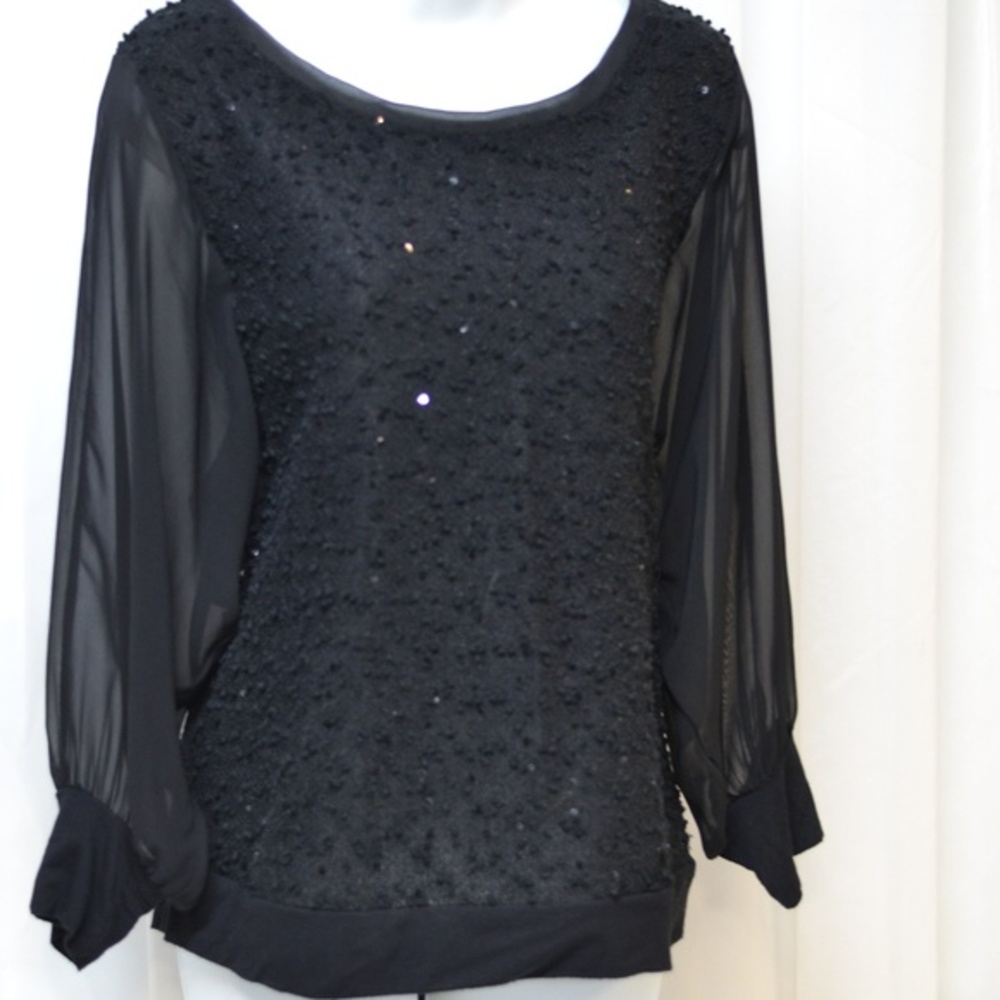 Alfani  Black Sequins blouse Top Round Neck Dolmen Sleeves Medium